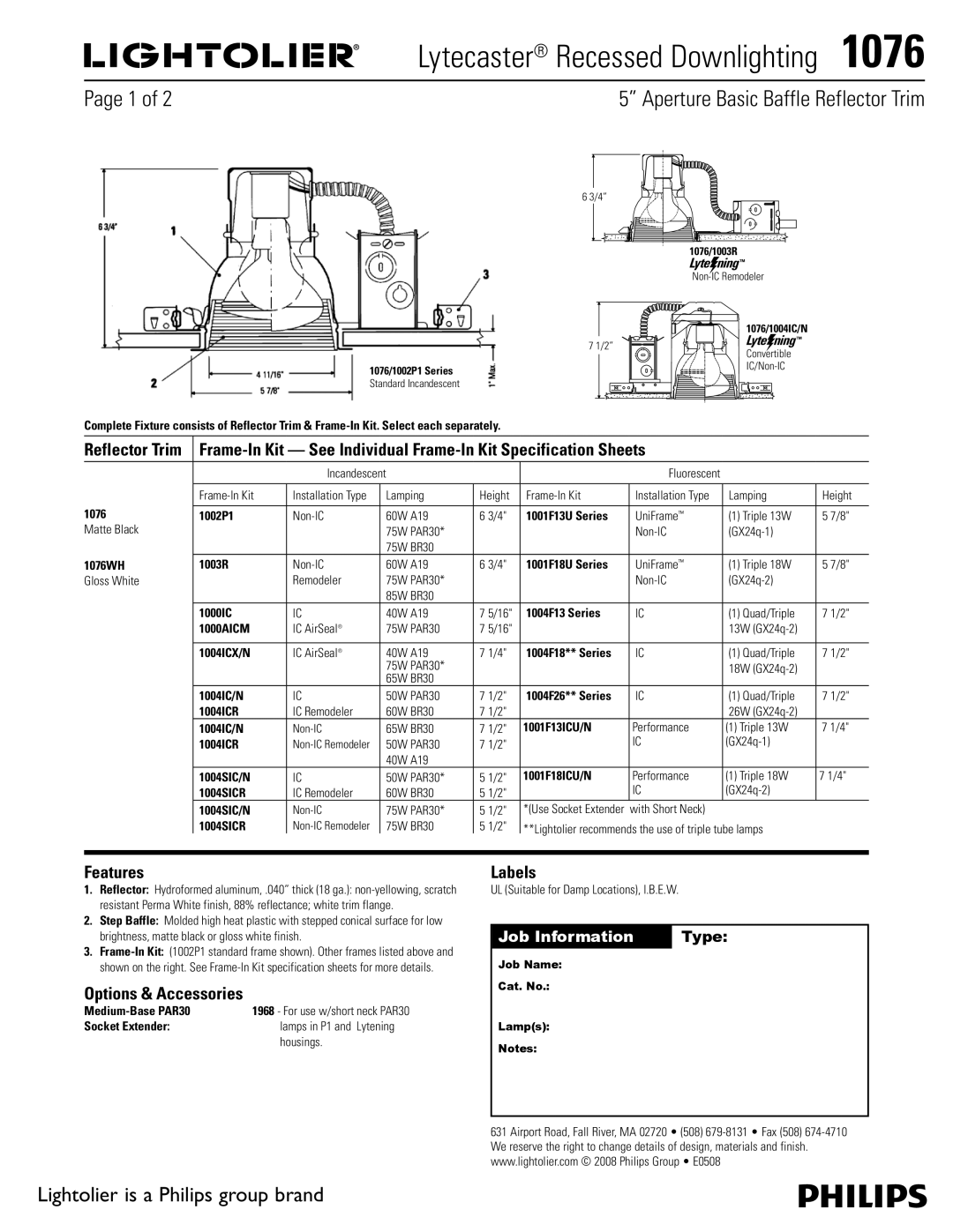 Lightolier 1076 specifications Lytecaster Recessed Downlighting , Aperture Basic Baffle Reflector Trim, Features, Labels 